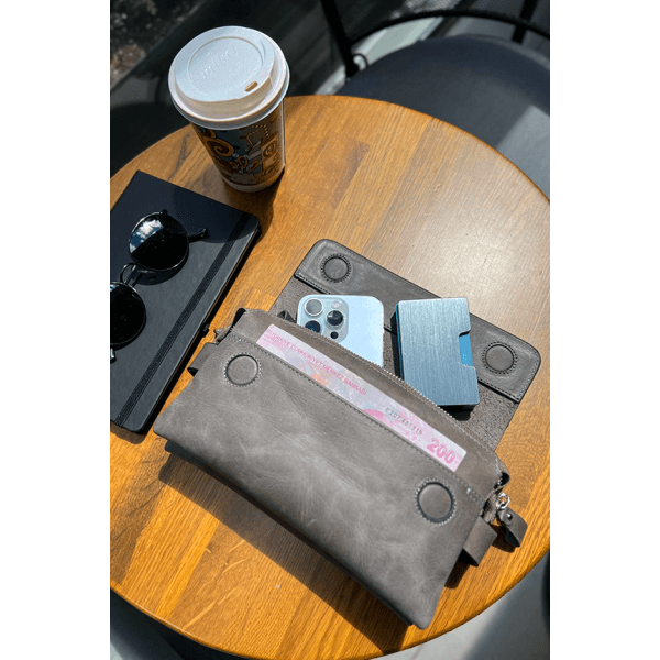 Gri Hakiki Deri Unisex Fermuarlı & Mıknatıslı El Çantası
