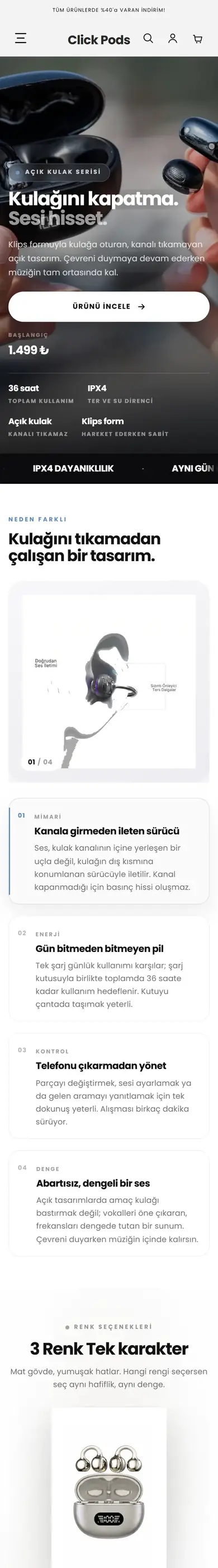 Click Pods mobil görünümü